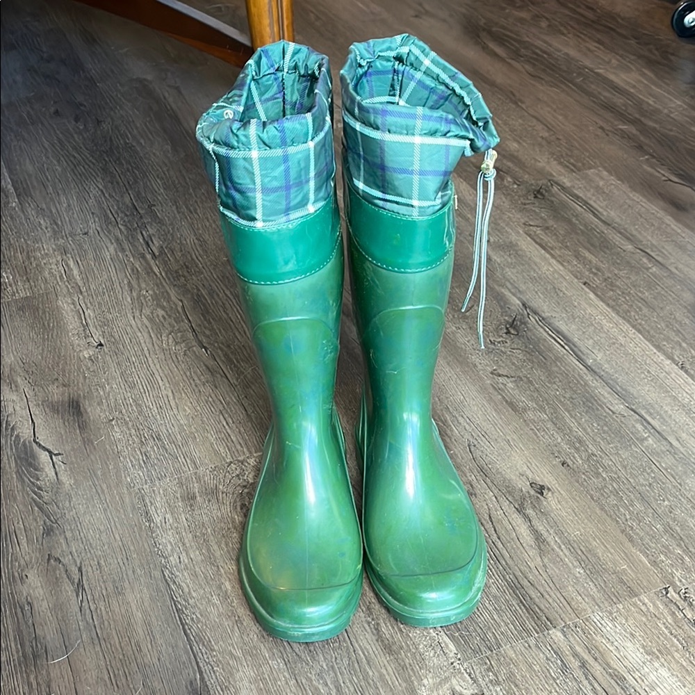 Green Plaid Rain Boots